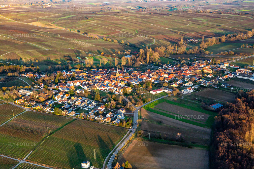 Luftbild: Ortsansicht von Südwesten im Ortsteil Heuchelheim in Heuchelheim-Klingen im Bundesland Rheinland-Pfalz in Deutschland. Foto: IMG_139405.jpg vom 16.12.2023 durch Werner Riehm/FLY-FOTO.de