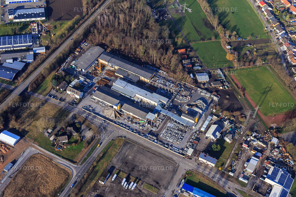 Luftbild: Schneider Betonfertigteilewerk GmbH im Ortsteil Huttenheim in Philippsburg im Bundesland Baden-Württemberg in Deutschland. Foto: IMG_104775.jpg vom 16.02.2018 durch Werner Riehm/FLY-FOTO.deWWW.BETONWERK-SCHNEIDER.DE