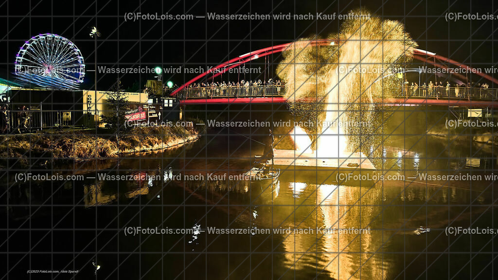 0607_Luftbild_VOLKSFEST-Wlbg_InselFeuer-Show | (C)FotoLois.com, Alois Spandl, Luftbild, Wieselburger VOLKSFEST neu, Feuershow auf der Erlaufinsel unter den Brücken, Do 29. Juni 2023.