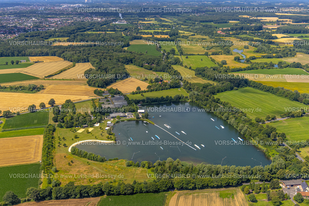 Hamm240707225 | Luftbild, Wasserski Anlage am See, mit Baden und Wakeboard und Zeltwiese, geplanter Abriss der Gewächshäuser, Uentrop, Hamm, Ruhrgebiet, Nordrhein-Westfalen, Deutschland