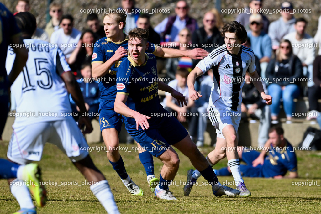 ATUS Velden vs. SPG LASK Amateure OÖ | #6 Florian Schaller ATUS Velden, #3 Marlon Louis Winter ATUS Velden, #30 Armin Haider LASK Amateure, ATUS Velden vs. SPG LASK Amateure OÖ, ATUS Velden vs. SPG LASK Amateure OÖ am 07.03.2026 in Velden (Wald Arena Velden), Austria, (Photo by Bernd Stefan)