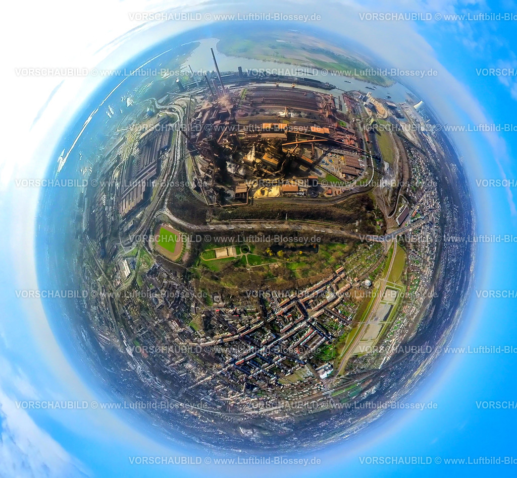 Duisburg240390008ThyssenSteel-2 | Luftbild, Thyssenkrupp Steel Europe Stahlwerk am Fluss Rhein, Werkshafen Schwelgern, Erdkugel, Fisheye Aufnahme, Fischaugen Aufnahme, 360 Grad Aufnahme, tiny world, little planet, fisheye Bild, Marxloh, Duisburg, Ruhrgebiet, Nordrhein-Westfalen, Deutschland, Duisburg-fish