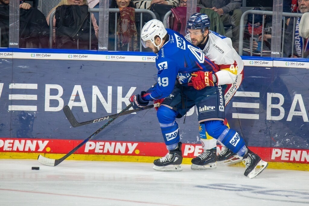 20.10.2024, DEL, Deutsche Eishockey Liga Saison 2024/25, 11. Spieltag: Adler Mannheim gegen Düsseldorfer EG. Bild: Intensiver Zweikampf an der Bande zwischen Lukas Kälble (49, Mannheim) und Luis Üffing (42, Düsseldorf) | 20.10.2024, DEL, Deutsche Eishockey Liga Saison 2024/25, 11. Spieltag: Adler Mannheim gegen Düsseldorfer EG. Bild: Intensiver Zweikampf an der Bande zwischen Lukas Kälble (49, Mannheim) und Luis Üffing (42, Düsseldorf) - Realisiert mit Pictrs.com