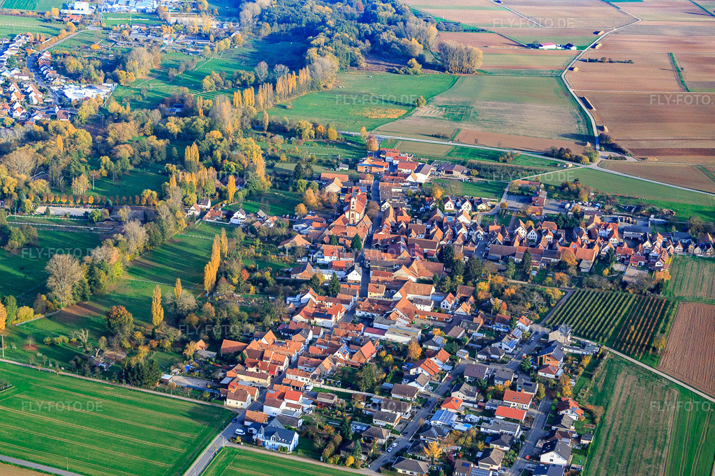Luftbild: Ortsansicht von Nordwesten im Ortsteil Mühlhofen in Billigheim-Ingenheim im Bundesland Rheinland-Pfalz in Deutschland. Foto: IMG_085192.jpg vom 08.11.2015 durch Werner Riehm/FLY-FOTO.de