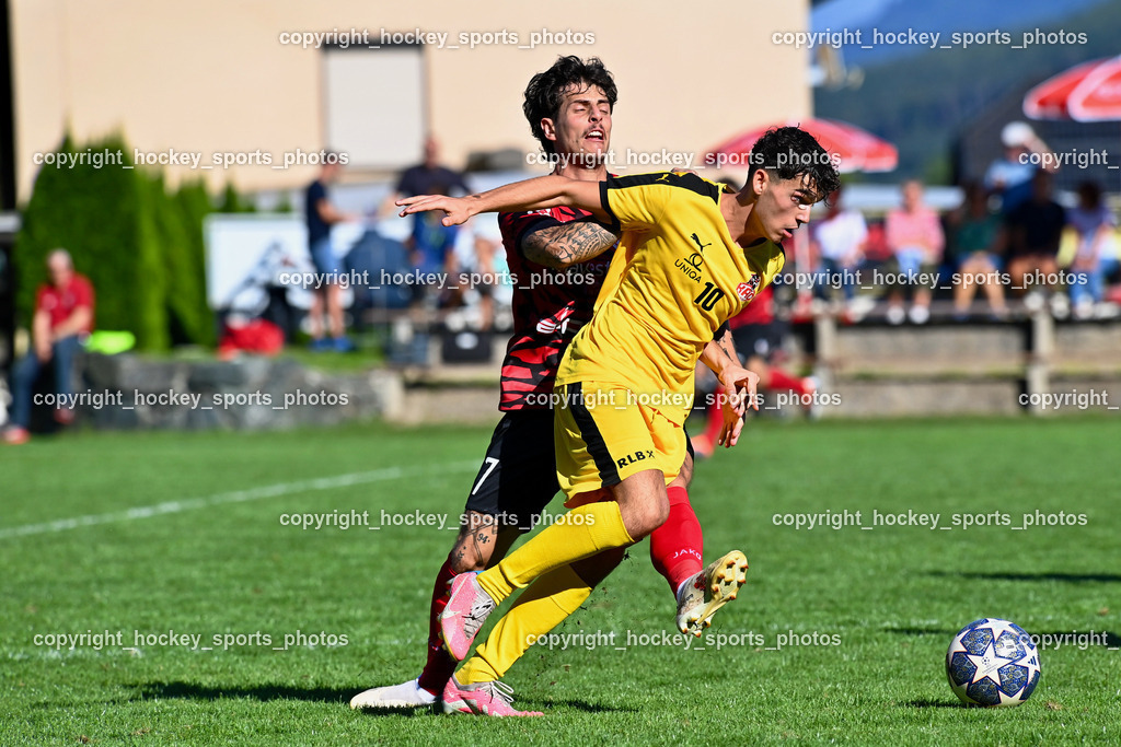 ATUS Ferlach vs.KAC 1909 16.9.2023 | #7 Christopher Katschnig ATUS Ferlach, #10 Sandro Jose Da Silva KAC, Kärntnerliga, ATUS Ferlach - KAC 1909 am 16.09.2023 in Ferlach (Sportplatz ATUS Ferlach), Austria, (Photo by Bernd Stefan)
