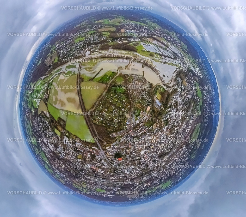 Schwerte231290218Ruhrhochwasser-2-topaz | Luftbild vom Weihnachts-Ruhrhochwasser in Schwerte mit überschwemmten Kleingärten und Wiesen und Feldern, Erdkugel, Fisheye Aufnahme, Fischaugen Aufnahme, 360 Grad Aufnahme, tiny world, little planet, fisheye Bild, Fischaugenbild, Schwerte, Ruhrgebiet, Nordrhein-Westfalen, Deutschland