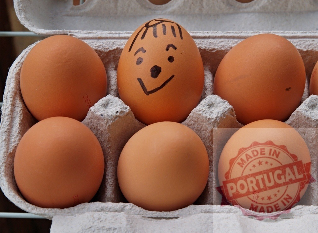One uniqueness egg standing out in carton with other eggs | Single brown egg with a drawn happy face standing out among other plain eggs in a carton - Realized with Pictrs.com