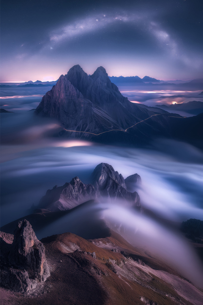 2406058 - Nachts über den Wolken | Illustration einer Bergwelt bei Nacht.