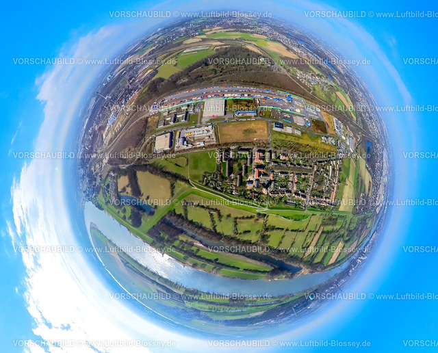 Duisburg240390012LogPortIIIHohenbudberg-2 | Luftbild, logport III, KV-Terminal, Eisenbahnsiedlung Hohenbudberg am Fluss Rhein, Erdkugel, Fisheye Aufnahme, Fischaugen Aufnahme, 360 Grad Aufnahme, tiny world, little planet, fisheye Bild, Friemersheim, Duisburg, Ruhrgebiet, Nordrhein-Westfalen, Deutschland, Duisburg-fish