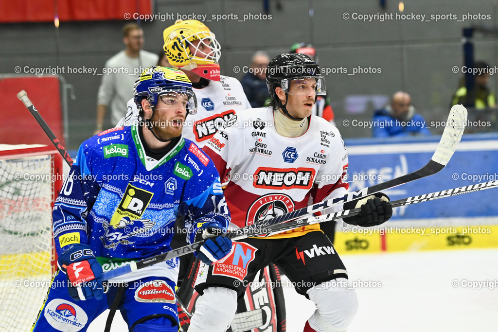 EC IDM Wärmepumpen VSV vs. Pioneers Vorarlberg | #16 HANCOCK Kevin EC VSV, #30 Caffi Alex PIONEERS VORARLBERG, #4 Schnetzer Ramon PIONEERS VORARLBERG, EC IDM Wärmepumpen VSV vs. Pioneers Vorarlberg, EC IDM Wärmepumpen VSV vs. Pioneers Vorarlberg am 14.12.2024 in Villach (Stadthalle Villach), Austria, (Photo by Bernd Stefan)