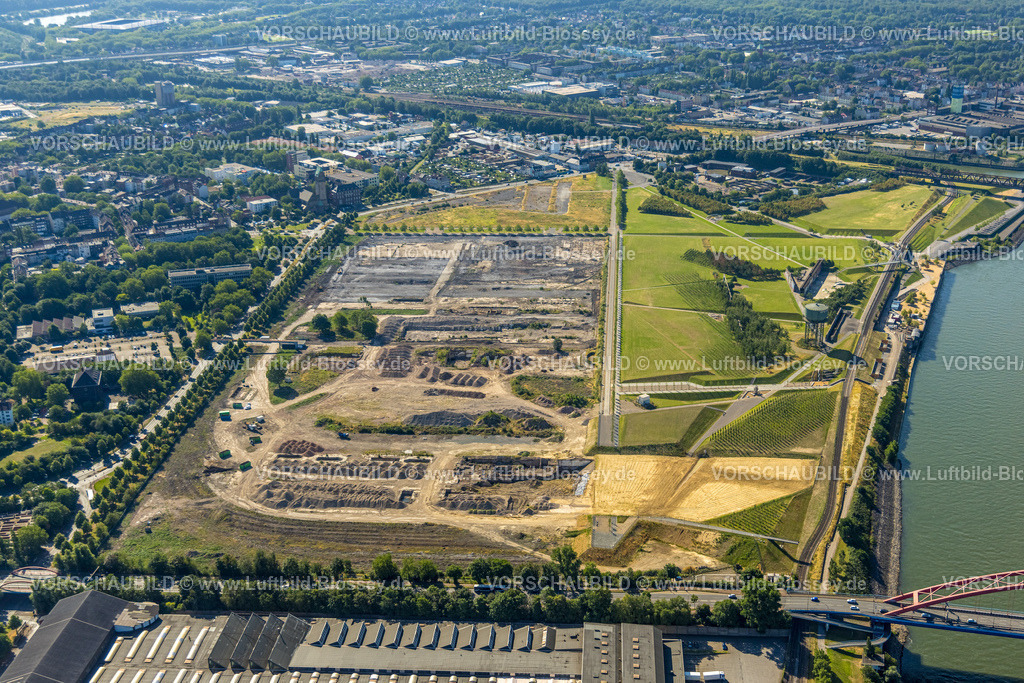 Duisburg230706242 | Luftbild, Sanierungsgebiet am Rheinpark Duisburg, geplante Wohnanlage RheinOrt Hochfeld, Wasserturm Hochfeld, Hochfeld, Duisburg, Ruhrgebiet, Nordrhein-Westfalen, Deutschland