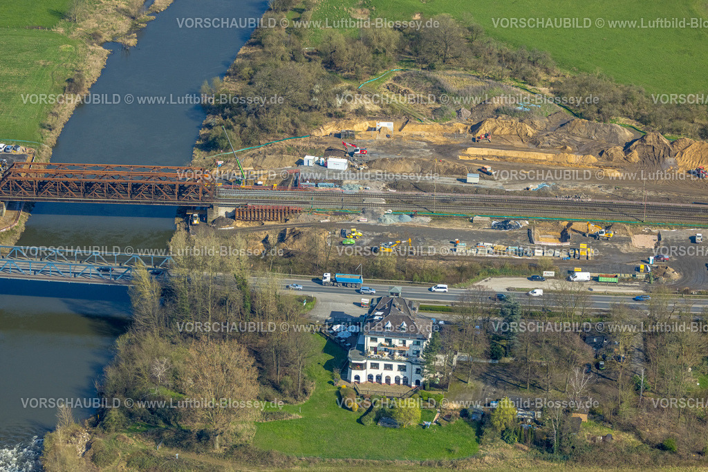 Wesel240310656 | Luftbild, Lippemündungsraum NSG Naturschutzgebiet Lippemündung, Brücke am Lippeschlößchen und Eisenbahnbrücke, Wesel, Nordrhein-Westfalen, Deutschland