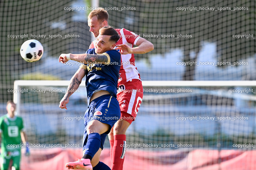 ATUS Velden vs. GAK | #99 Luca Alexander Pollanz ATUS Velden, #4 Martin Kreuzriegler GAK, ATUS Velden vs. GAK, ATUS Velden vs. GAK am 26.07.2024 in Villach (Stadion Lind), Austria, (Photo by Bernd Stefan)