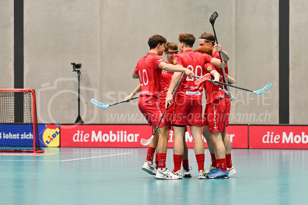 Switzerland B U19 vs Finland U19 - 2. February 2024 | Switzerland B U19 vs Finland U19
U19 Men International Matches in Switzerland
GoEasy Arena, Siggenthal Station
Players of Team Switzerland celebrating a goal.
Credit: Markus Aeschimann | <a href="https://www.markus-aeschimann.ch">Sportfotografie Markus Aeschimann</a> | <a href="https://www.instagram.com/sportfotografie.aeschimann">@sportfotografie.aeschimann</a> - Realisiert mit Pictrs.com