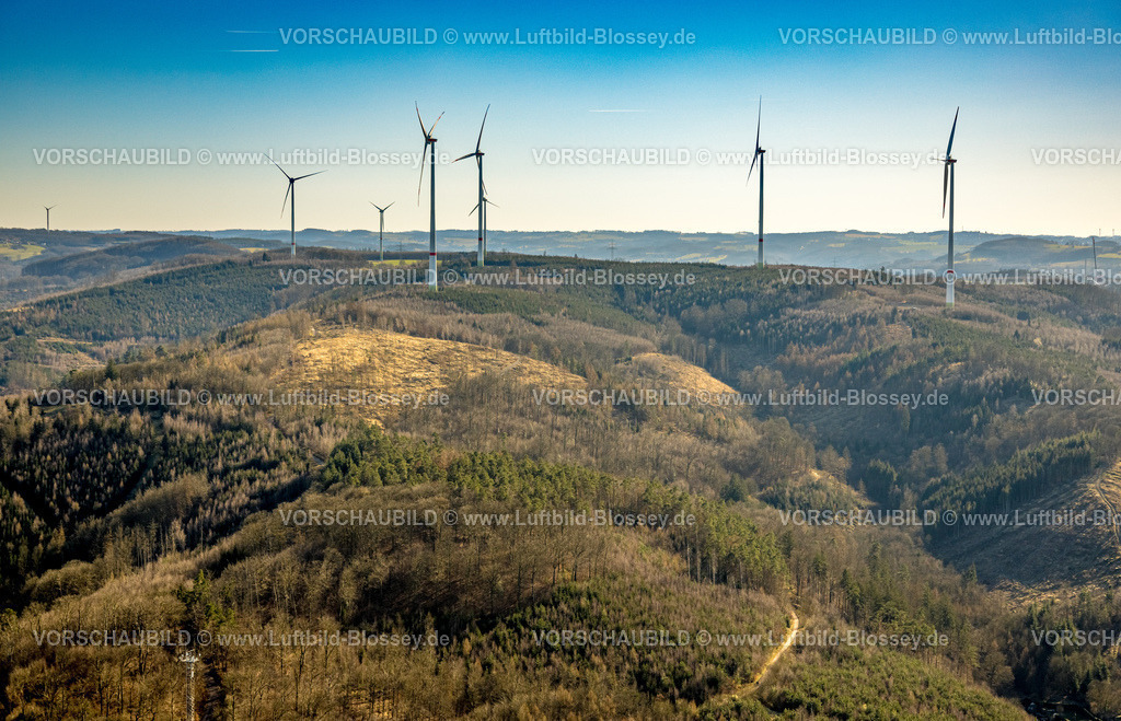 Hagen250302888 | Luftbild, Schlossberg Hohenlimburg, Waldgebiet mit Waldschäden und Windrädern, Hohenlimburg, Hagen, Ruhrgebiet, Nordrhein-Westfalen, Deutschland