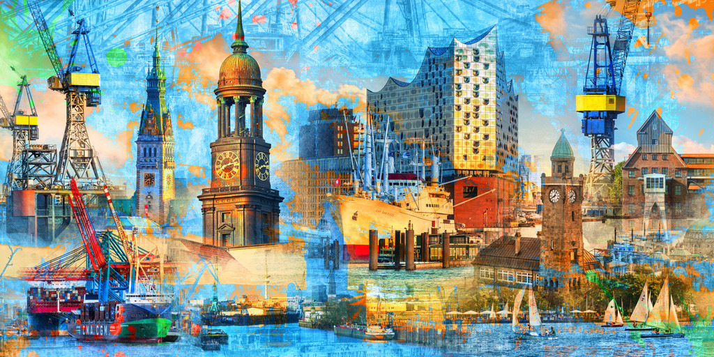 10260901 - Hamburg Collage 072 | Moderne abstrakte Hamburg Fotocollage. Nur bei uns erhältlich als hochwertiges Wandbild auf Leinwand, Acrylglas, Alu-Dibond, Poster oder als digitaler Download, einfach über "Bestellen" konfigurieren.