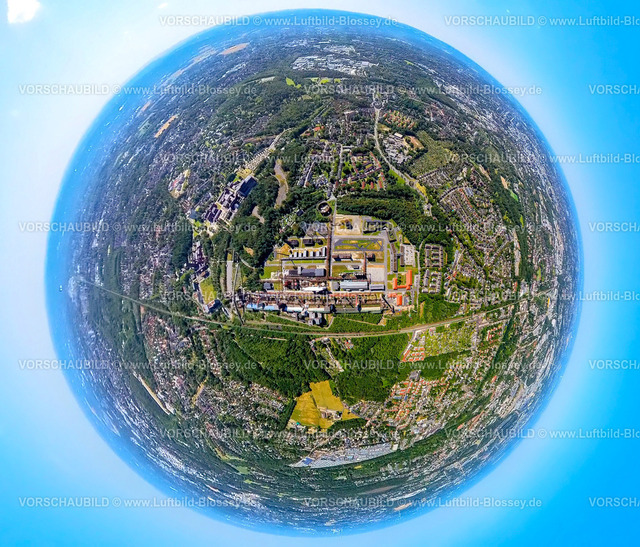 Essen230790062_ZecheZollverein | Luftbild, Zeche Zollverein, Unesco-Welterbe, Erdkugel, Fisheye Aufnahme, Fischaugen Aufnahme, 360 Grad Aufnahme, tiny world, Stoppenberg, Essen, Ruhrgebiet, Nordrhein-Westfalen, Deutschland