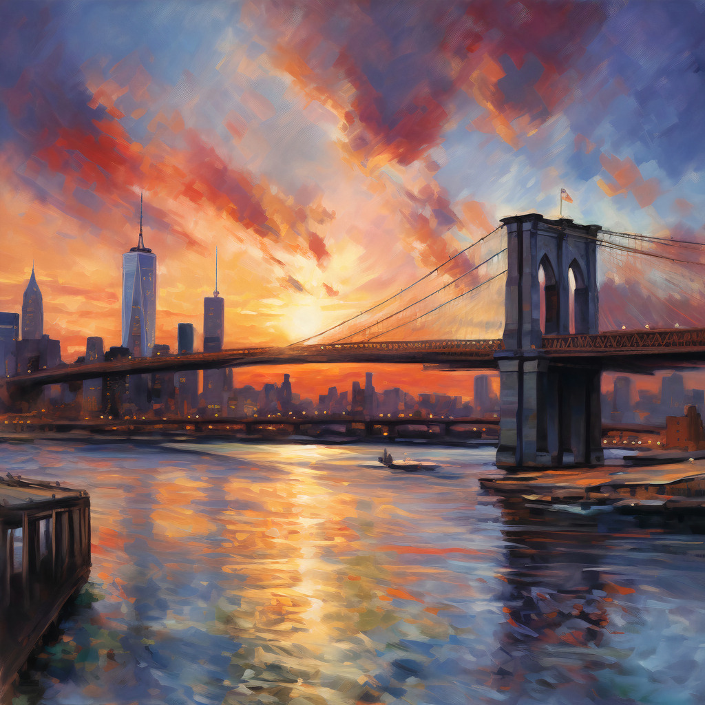 2307039 - New York Sunset | Modernes Wand vom Sonnenuntergang hinter der Brooklyn Bridge in New York.