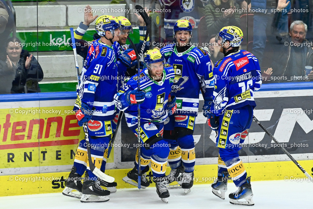 EC VSV vs. HC Bozen 16.2.2024 | Jubel EC VSV, #91 WETZL Niklas,  #55 SABOLIC Robert,  #72 HUGHES John, #16 Kevin Hancock,  EC VSV vs. HC Bozen 16.2.2024, EC VSV vs. HC Bozen 16.2.2024 am 16.02.2024 in Villach (Stadthalle Villach), Austria, (Photo by Bernd Stefan)