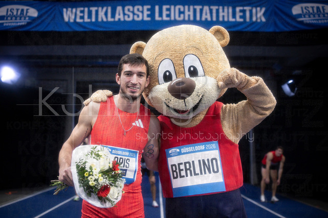 ISTAF Indoor; Duesseldorf, 24.01.2026 | DUESSELDORF, GERMANY - JANUARY 24:  Enrique Llopis (ESP) wins the 60m Hurdles final during the ISTAF Indoor Dusseldorf at PSD Bank Dome on January 24, 2026 in Duesseldorf, Germany. 