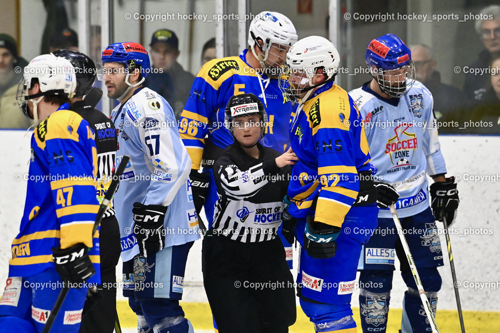 EHC Althofen vs. ESC Steindorf 6.3.2024 | #47 Rainer Michael EHC Althofen, #57 Wilfan Franz ESC Steindorf, Klemm Anja Referee, #96 Kronlechner Christoph EHC Althofen, #92 Jagarinec Jakob Lukas EHC Althofen, #69 Kreuzer Philipp ESC Steindorf, EHC Althofen vs. ESC Steindorf 6.3.2024, EHC Althofen vs. ESC Steindorf am 06.03.2024 in Althofen (Stadthalle Althofen ), Austria, (Photo by Bernd Stefan)