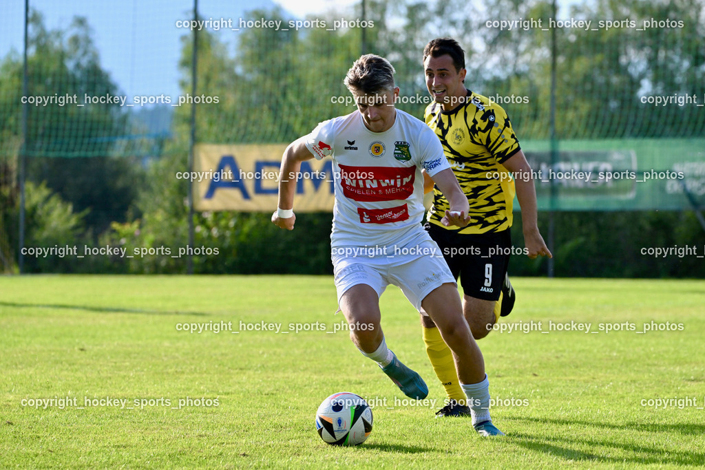 FC Faakersee vs. Rapid Lienz  | #16 Sandro Unterreiner Rapid Lienz, #9 Thomas Unterguggenberger FC Faakersee, FC Faakersee vs. Rapid Lienz , FC Faakersee vs. Rapid Lienz  am 04.08.2024 in Faakersee (Sportplatz Faakersee), Austria, (Photo by Bernd Stefan)