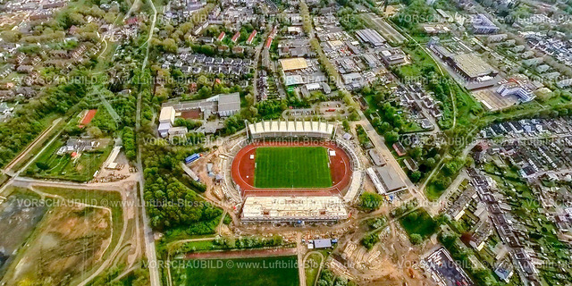 Bochum240490033LorheideStadionWattenscheid | Luftbild, Lohrheidestadion Fußballstadion und Leichtathletikstadion der SG Wattenscheid 09, Baustelle mit Neubau Westtribüne, Olympiastützpunkt NRW Westfalen Bochum, Erdkugel, Fisheye Aufnahme, Fischaugen Aufnahme, 360 Grad Aufnahme, tiny world, little planet, fisheye Bild, Grumme, Bochum, Ruhrgebiet, Nordrhein-Westfalen, Deutschland