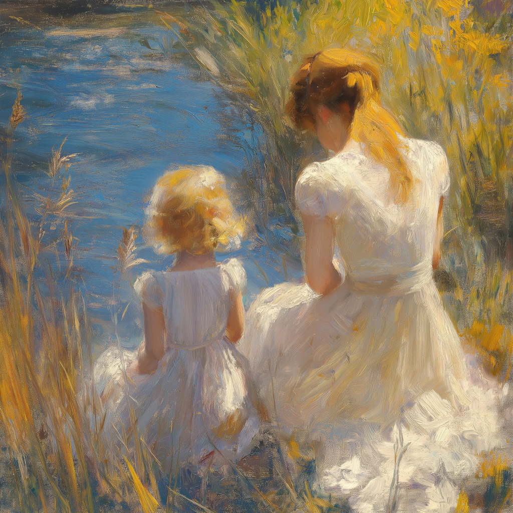 2410012 - Mädchen am Fluss | Zwei Mädchen an einem Flussufer im Stil eines impressionistischen Gemäldes.