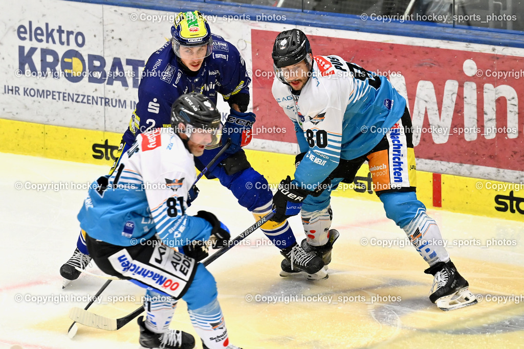 EC IDM Wärmepumpen VSV vs. Steinbach Black Wings Linz | #80 Julian Pusnik Black Wings Linz, #81 Sean Brendan Collins Black Wings Linz, #2 Dylan MacPherson EC VSV, EC IDM Wärmepumpen VSV vs. Steinbach Black Wings Linz, EC IDM Wärmepumpen VSV vs. Steinbach Black Wings Linz am 28.11.2025 in Villach (Stadthalle Villach), Austria, (Photo by Bernd Stefan)