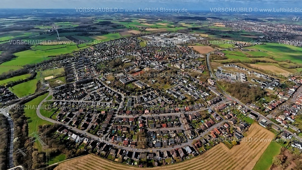 Selm260306858Bork-Insta360 | Luftbild, Ortsansicht Wohngebiet Selm, hinten das Gewerbegebiet Gutenbergstraße, Erdkugel, Fisheye Aufnahme, Fischaugen Aufnahme, 360 Grad Aufnahme, tiny world, little planet, fisheye Bild, Selm, Münsterland, NRW, Deutschland