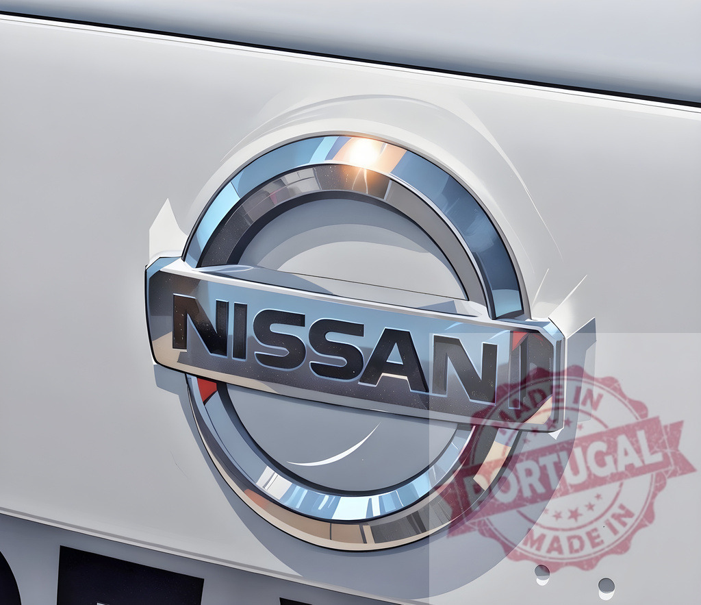 Nissan logo on white vehicle, identifying brand | Nissan car logo, a chrome emblem, reflecting light on a white automobile body - Realisiert mit Pictrs.com