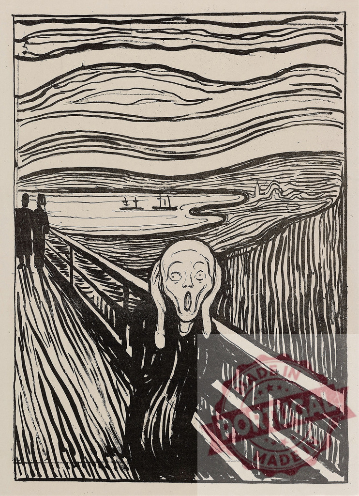 Edvard Munch The Scream lithograph depicting despair | Edvard Munch Iconography representing anxiety, fear, and inner turmoil on a bridge in black and white - Realized with Pictrs.com