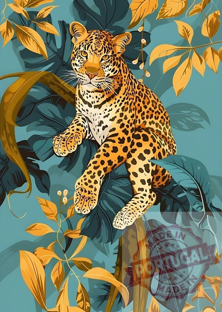 Leopard resting on a tree branch in the jungle | Jungle illustration featuring a leopard resting on a tree branch, surrounded by tropical foliage, creating a vibrant and exotic scene - Realized with Pictrs.com