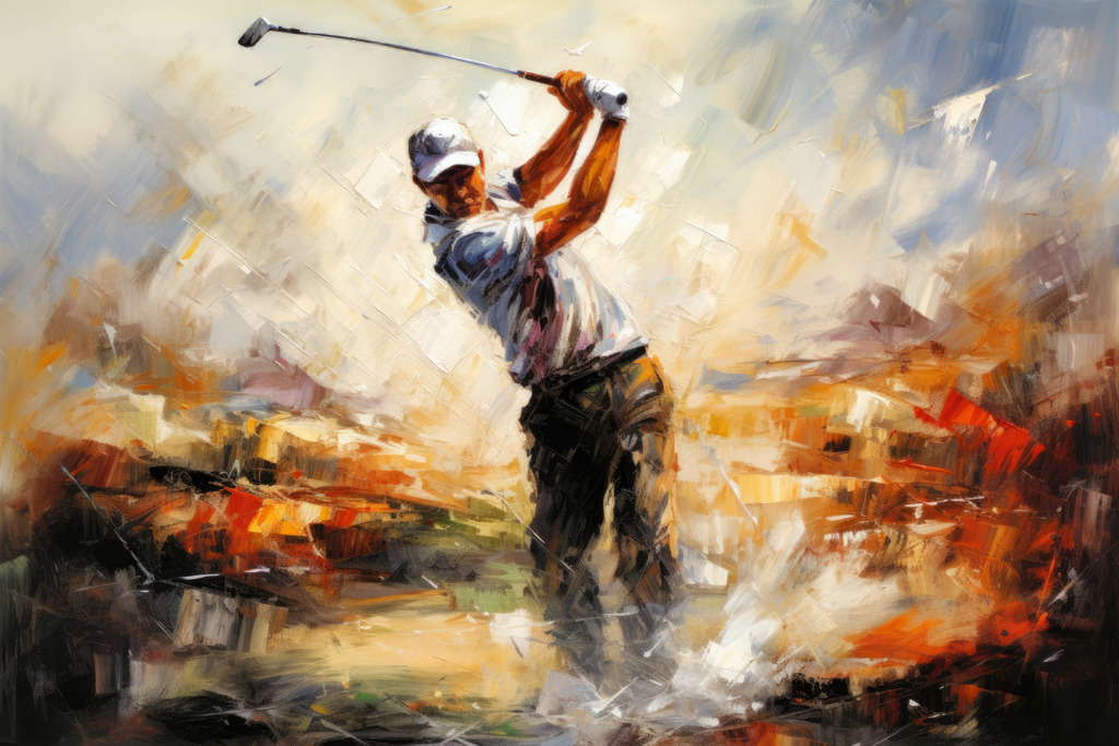 10260812 - Golfspieler Gemälde | Ein Golfspieler  im Stil eines modernen Gemäldes. Erhältlich als hochwertiges Wandbild auf Leinwand, Acrylglas, Alu-Dibond oder als Poster, einfach über "Bestellen" konfigurieren.