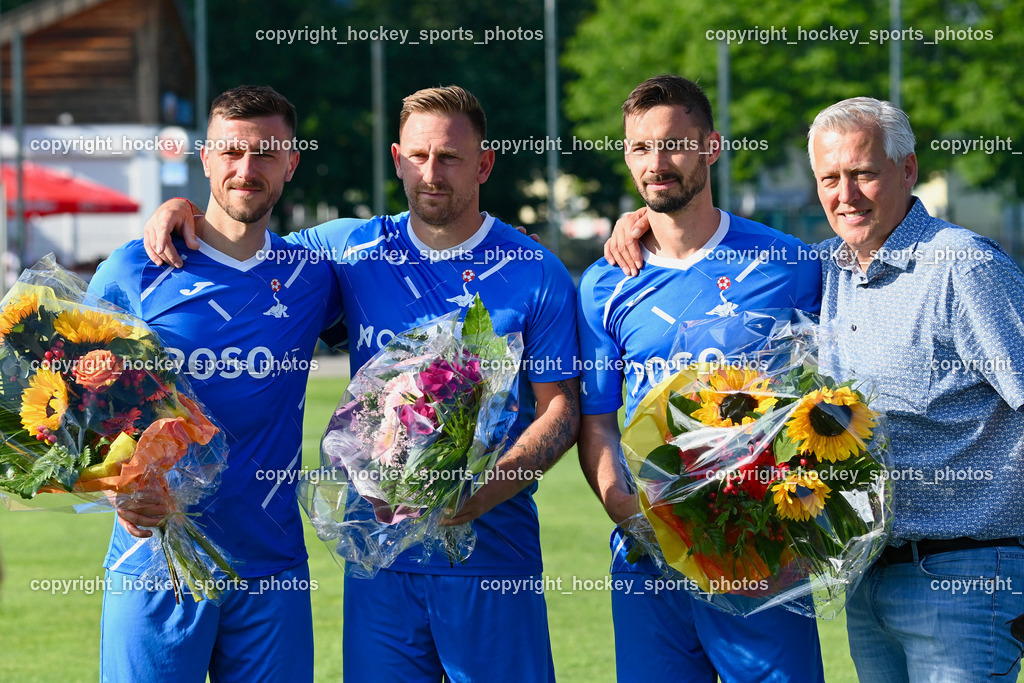 SAK vs. SV Dellach Gail 17.6.2023 | #7 Darjan Aleksic, #22 Darijo Biscan, #17 Patrick Lausegger, Präsident SAK Marko Wieser, Verabschiedung, Ehrung, Karriere Ende