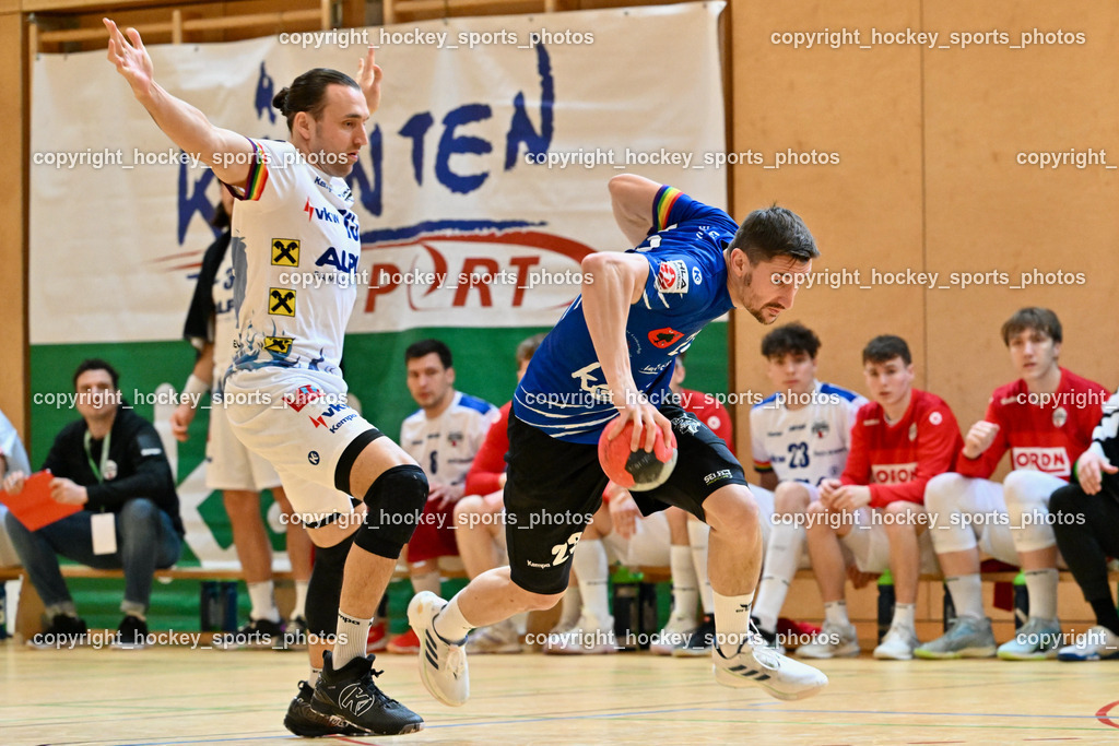 SC Ferlach vs. ALPLA HC Hard 2.3.2024 | #13 WÜSTNER Frederic HC Hard, #23 KOCBEK Jure SC Ferlach, SC Ferlach vs. ALPLA HC Hard 2.3.2024, SC Ferlach vs. ALPLA HC Hard am 02.03.2024 in Ferlach (Ballspielhalle Ferlach), Austria, (Photo by Bernd Stefan)