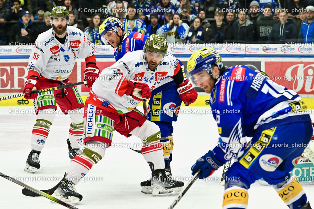 EC VSV vs. HC Bozen 16.2.2024 | #55 Vandane Davis, #44 Valentine Scott, #84 Andrew Desjardins, EC VSV vs. HC Bozen 16.2.2024, EC VSV vs. HC Bozen 16.2.2024 am 16.02.2024 in Villach (Stadthalle Villach), Austria, (Photo by Bernd Stefan)
