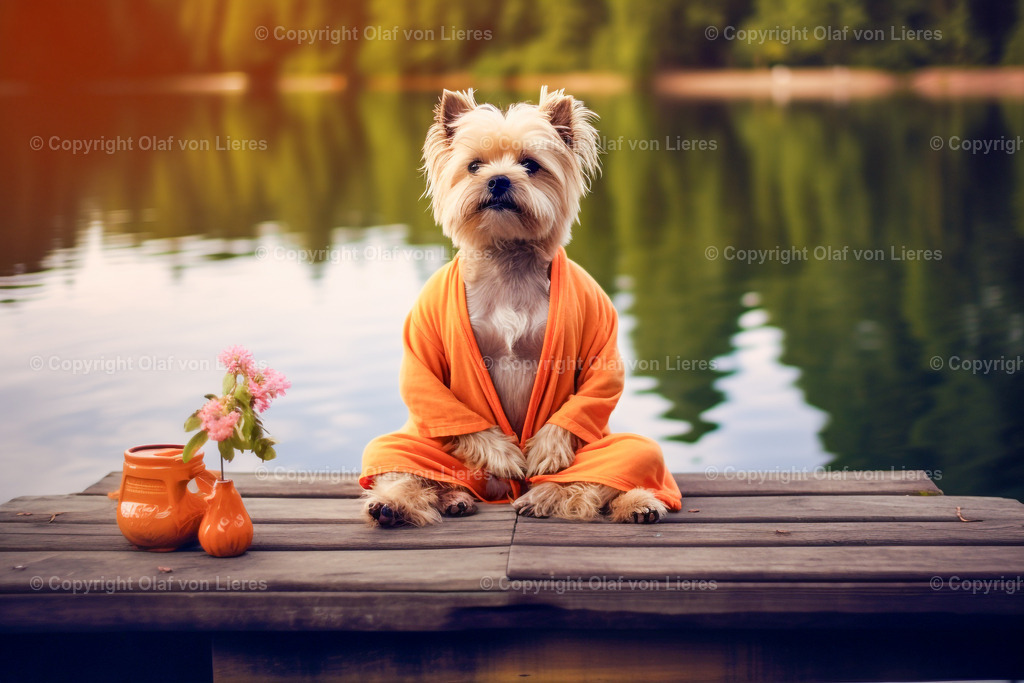 Yorkshire Terrier meditiert am See | kleiner Hund bei der Meditation am See