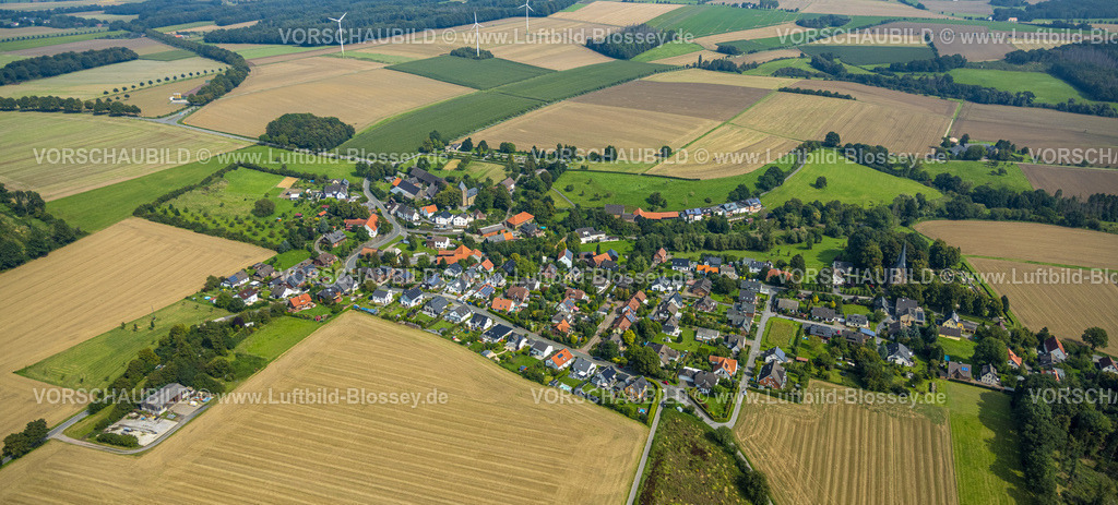 Froendenberg230901641 | Luftbild, Ortsansicht Ortsteil Bausenhagen umgeben von Wiesen und Feldern mit Windrädern, Bausenhagen,  Fröndenberg, Ruhrgebiet, Nordrhein-Westfalen, Deutschland