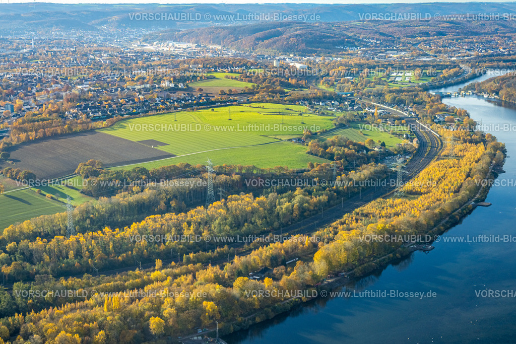 Hagen251103511 | Luftbild, Hengsteysee und Uhlenbruch Landschaftsschutzgebiet mit herbstlichen Bäumen und Fernsicht, Boele, Hagen, Ruhrgebiet, Nordrhein-Westfalen, Deutschland