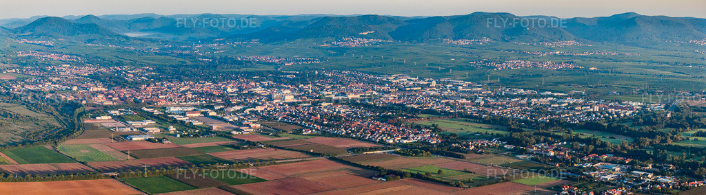 Luftbild: Panorama Perspektive Stadtgebiet mit Außenbezirken und Innenstadtbereich in der Pfalz im Ortsteil Queichheim in Landau im Bundesland Rheinland-Pfalz in Deutschland. Foto: IMG_44295-Bearbeitet.jpg vom 20.08.2011 durch Werner Riehm/FLY-FOTO.deAuflösung des Originals: 9633 x 2669 px
