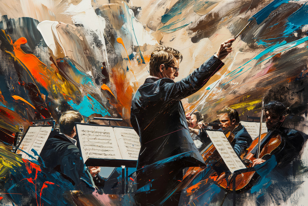 2407039 - Dirigent | Ein Dirigent mit Orchester im Stil eines modernen dynamischen Gemäldes als hochwertiger Kunstdruck. Für Preise, Größen- und Materialauswahl klicken Sie bitte auf "Bestellen.