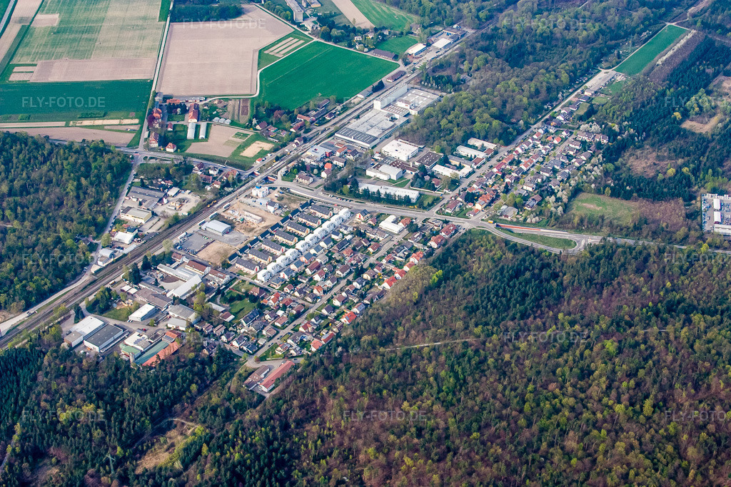 Luftbild: Ortsansicht von Südosten im Ortsteil Silberstreifen in Rheinstetten im Bundesland Baden-Württemberg in Deutschland. Foto: IMG_17764.jpg vom 12.04.2009 durch Werner Riehm/FLY-FOTO.de