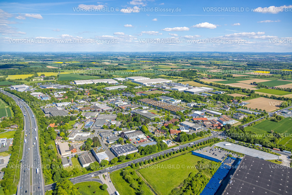 Hamm250500641 | Luftbild, Gewerbegebiet Oberster Kamp an der Autobahn A2, Stadtbezirk Rhynern, Hamm, Ruhrgebiet, Nordrhein-Westfalen, Deutschland
