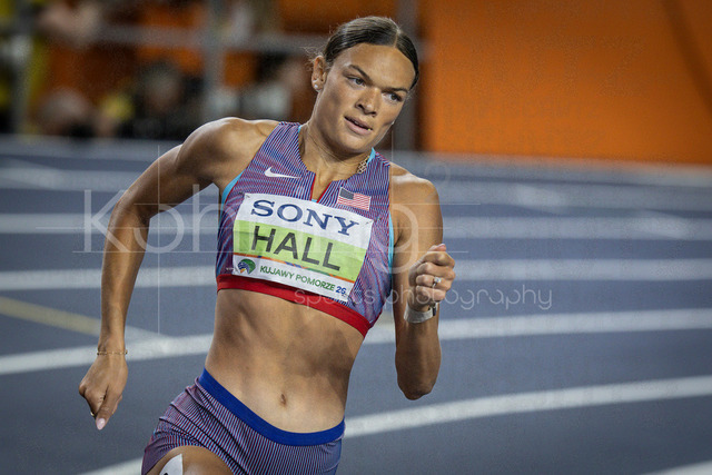 World Athletics Indoor Championships Kujawy Pomorze 26, 22.03.2026 | TORUN, POLAND - MARCH 22:  Anna Hall (USA) in the pentathlon’s 1500m during the World Athletics Indoor Championships Kujawy Pomorze 26 on day 3 / session 2 at Kujawsko-Pomorska Arena Torun on March 22, 2026 in Torun, Poland. 