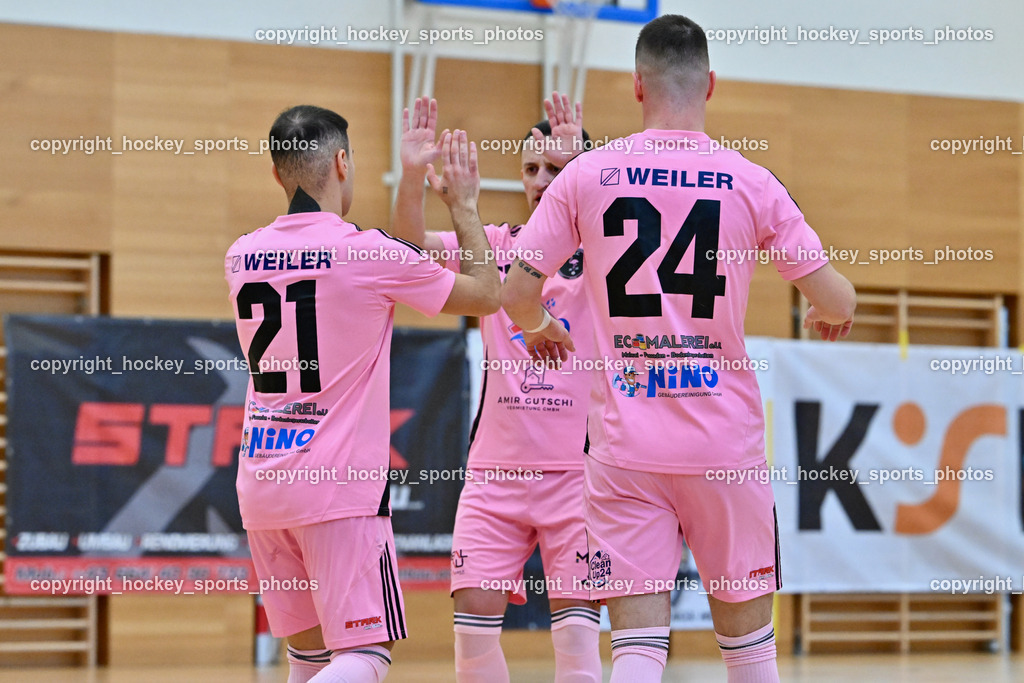 Carinthia Flamengo Futsal Club vs. Dynamo Triestingtal | #7 Enes Brdjanovic Carinthia Flamengo, Jubel Carinthia Flamengo Mannschaft, #21 Robert Dimitrov Carinthia Flamengo, #24 Zoran Vukovic Carinthia Flamengo, Carinthia Flamengo Futsal Club vs. Dynamo Triestingtal, Carinthia Flamengo Futsal Club vs. Dynamo Triestingtal am 29.12.2024 in Villach (Ballspielhalle St. Martin), Austria, (Photo by Bernd Stefan)
