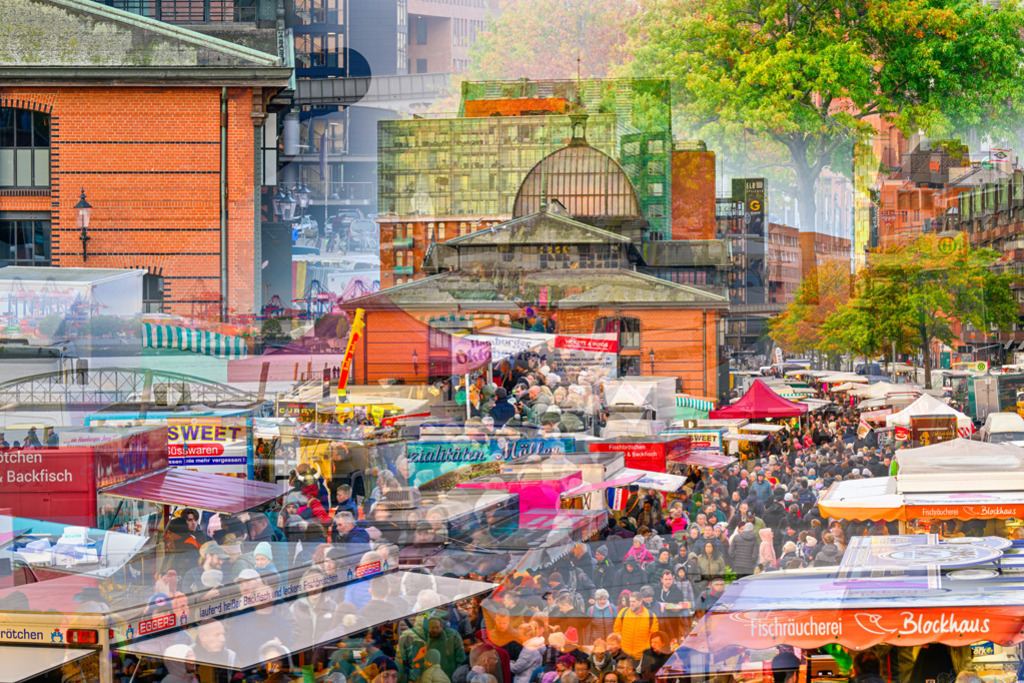 Fischmarkt Hamburg | Sonntagmorgen ist traditionell Fischmarkt in Hamburg, kulinarische Genüsse locken Besucher dorthin. Diese Collage von dem Event besticht durch Farbfreude und ihre dichte Atmosphäre. — Auflösung des Originals: 8256 x 5504 px. - Realizzato con Pictrs.com
