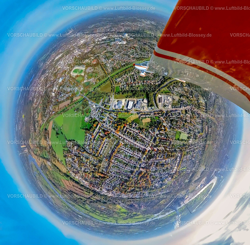 Oberhausen20221006_1ASCAR3 | Luftbild, Gewerbegebiet Baustelle Willy-Brandt-Straße Ecke Bärenstraße, Flugzeug Dimona, Fisheye Aufnahme, Fischaugen Aufnahme, 360 Grad Aufnahme, Dinslaken Stadtgrenze Overbruch, Duisburg, Fisheyeaufnahme, Ruhrgebiet, Nordrhein-Westfalen, Deutschland