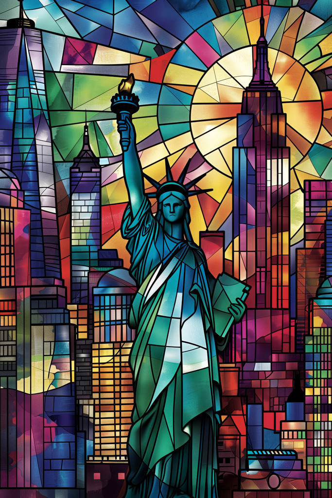 2407063 - New York Glasmalerei | Ein New York Motiv im Stil eines bunten Bleiglasfensters.Bestellen Sie dieses Motiv als hochwertigen Kunstdruck z.B. auf Leinwand oder hinter Acrylglas. Für Preise, Größen- und Materialauswahl klicken Sie bitte auf "Bestellen.