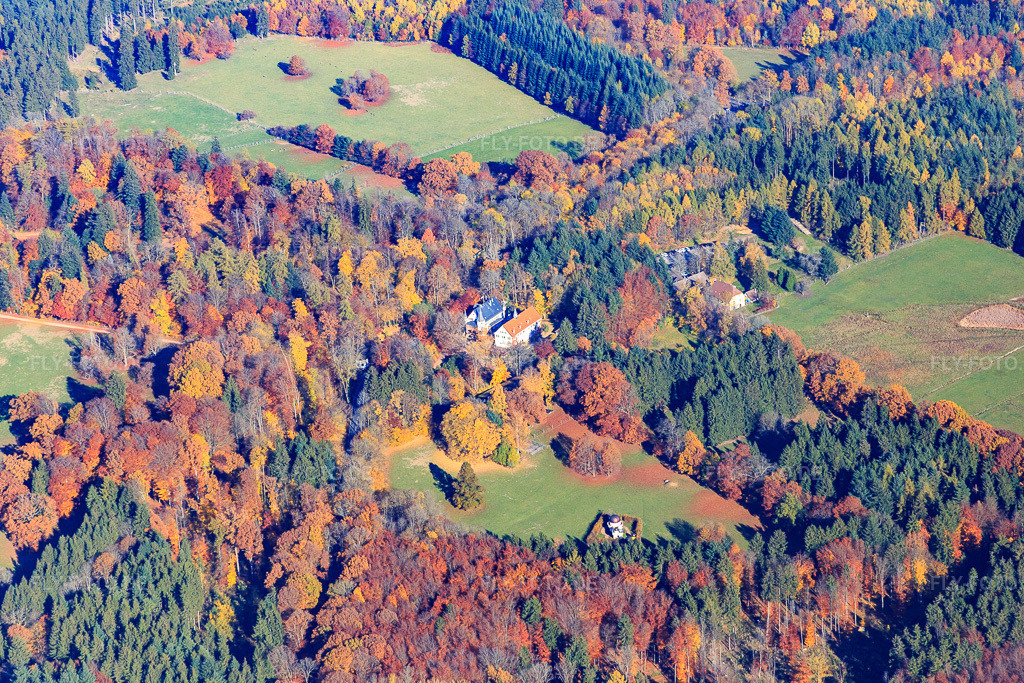 Luftbild: Jagdschloss Eulbach und Forsthaus Eulbach am Englischer Garten Eulbach im Ortsteil Würzberg in Michelstadt im Bundesland Hessen in Deutschland.Foto: IMG_084994.jpg vom 01.11.2015 durch Werner Riehm/FLY-FOTO.deEulbach - Schloss und Forsthaus - Alter OdenwaldEnglischer Garten Eulbach - Wildpark und Top-AusflugszielForsthaus Eulbach